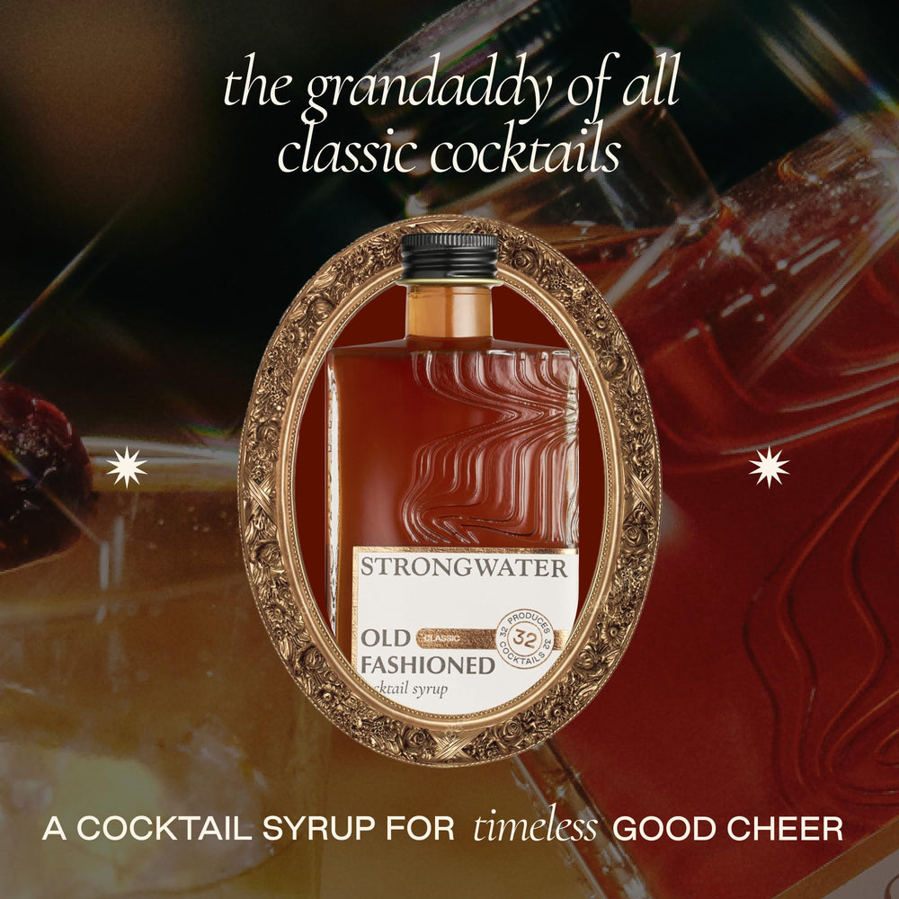 Strongwater syrup being poured into an old fashioned glass demonstrating easy use