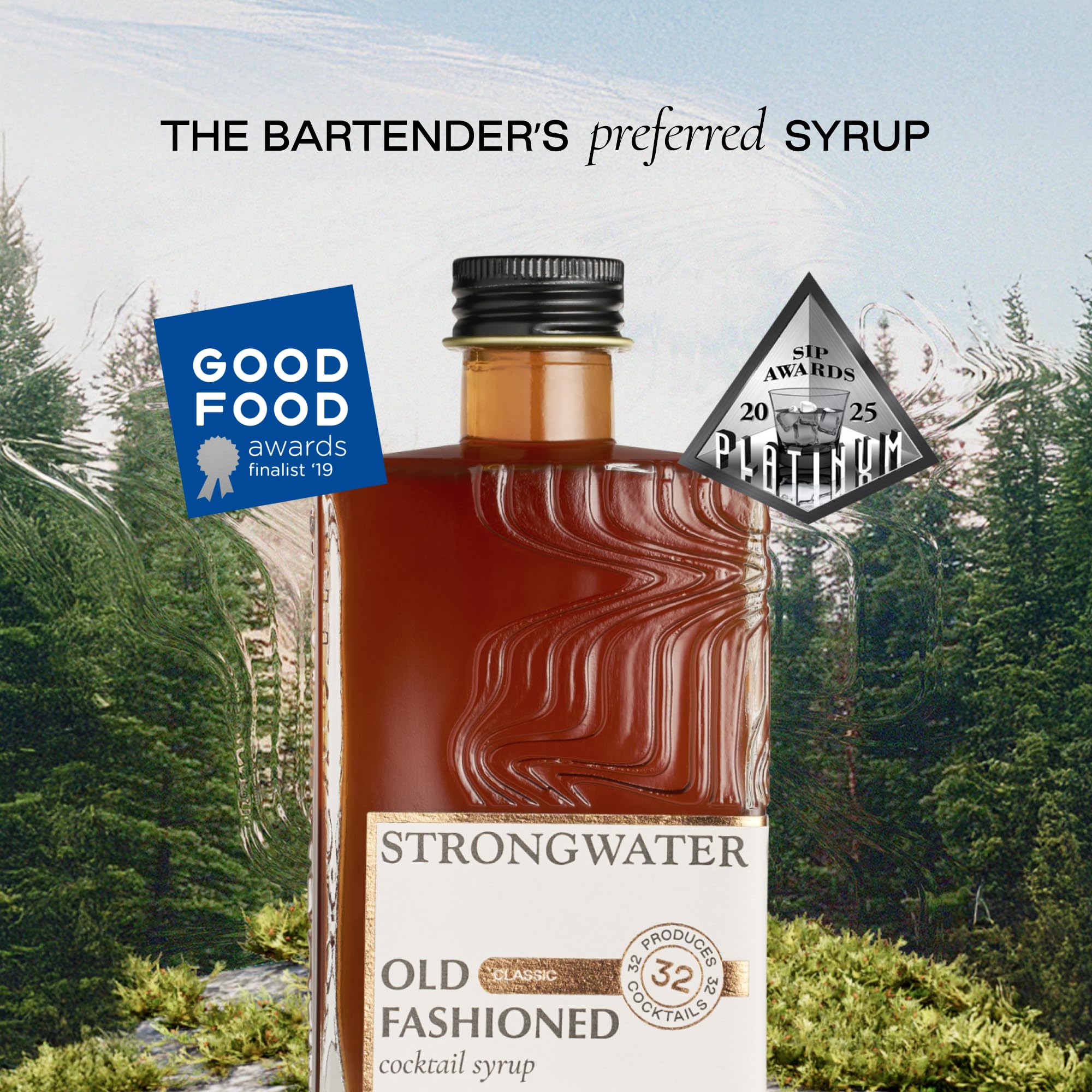 Bottle next to a glass for scale showing Strongwater yield and cocktail count benefit