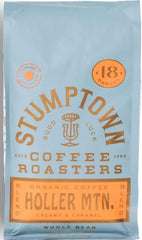 Stumptown Holler Mountain frente del empaque mostrando la bolsa y sello orgánico