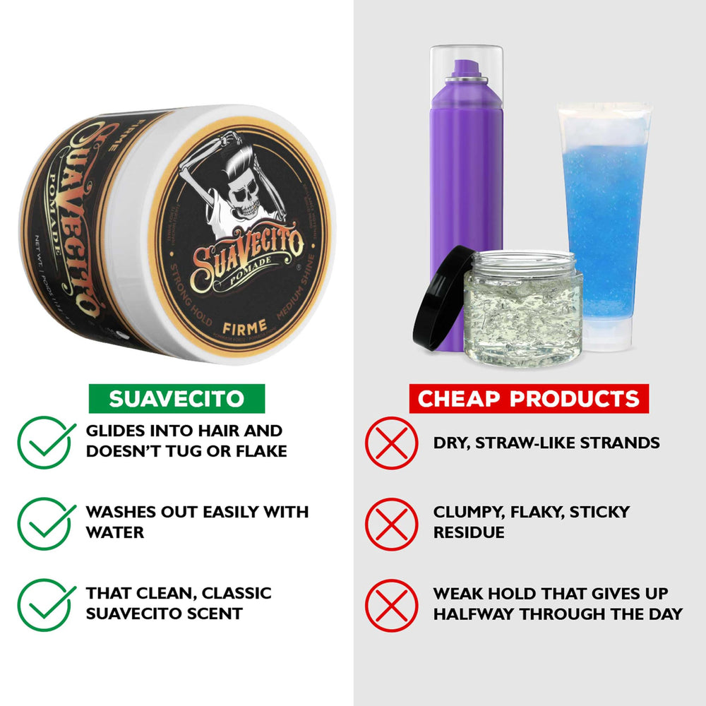 Suavecito Pomade closeup label and ingredients text, brand clarity and trust benefit