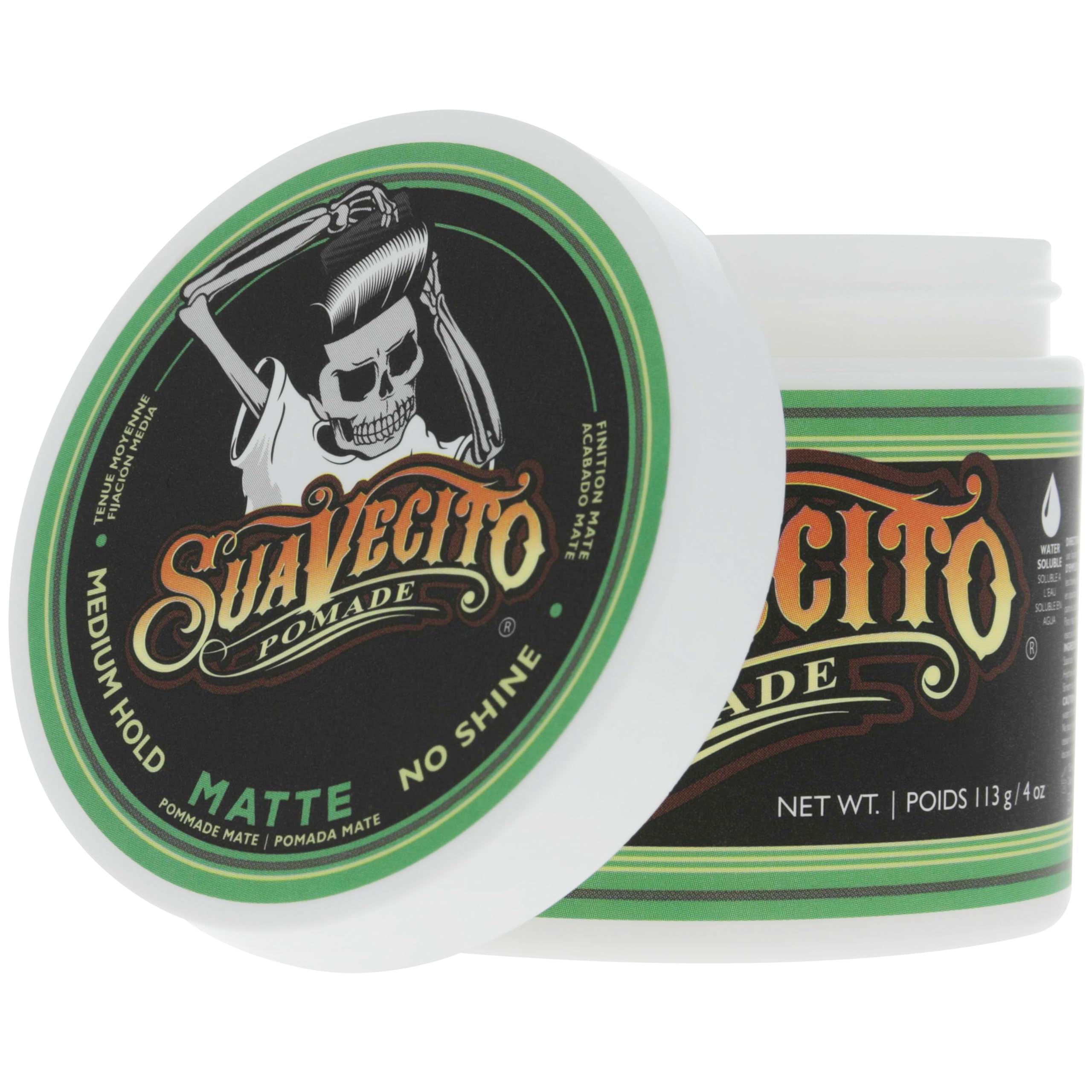 Suavecito Pomade tapa abierta mostrando crema interior y uso fácil