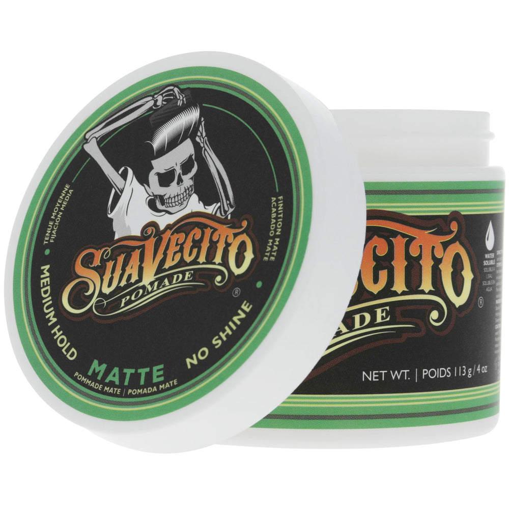 Suavecito Pomade tapa abierta mostrando crema interior y uso fácil