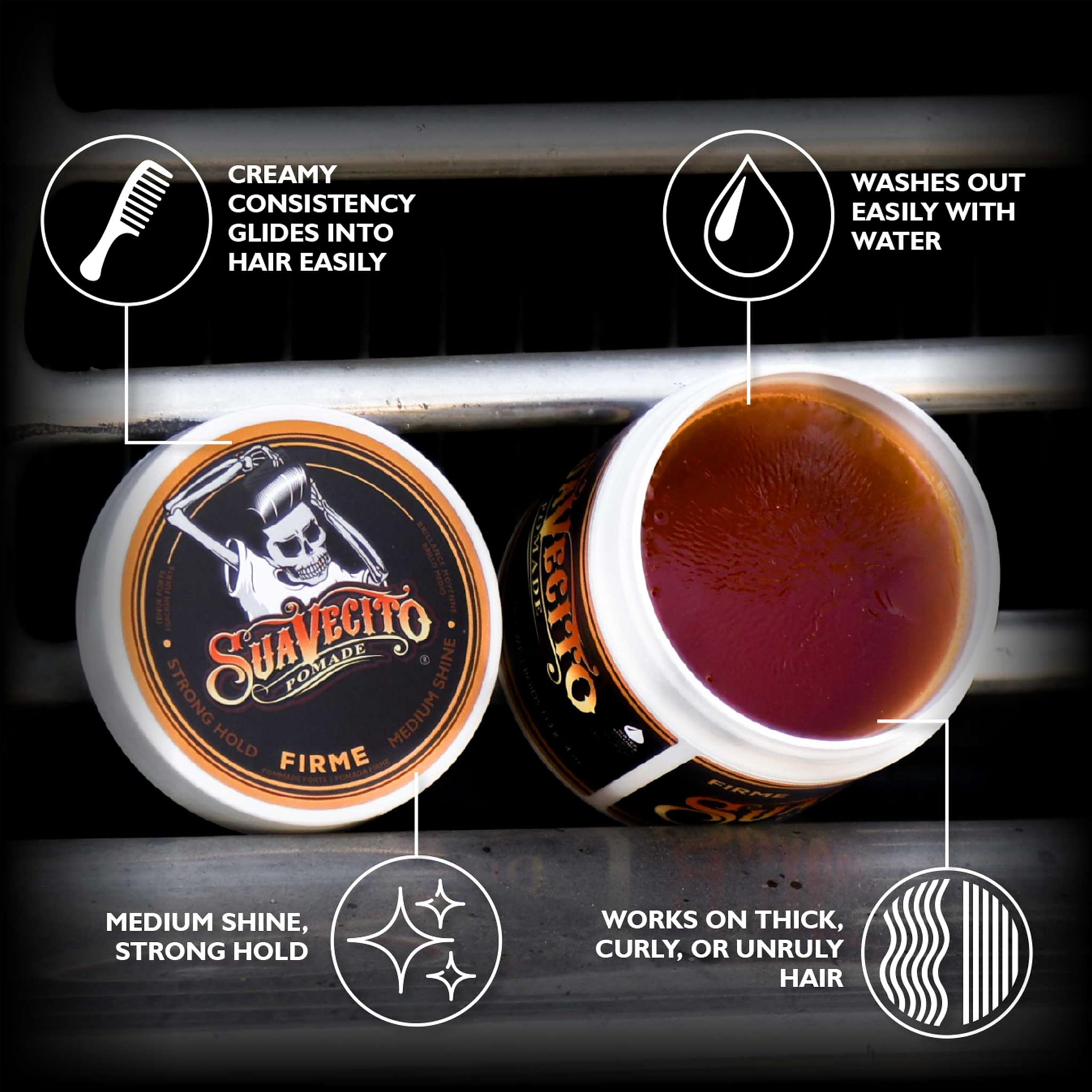 Suavecito Pomade open jar revealing creamy texture, easy-to-apply styling benefit