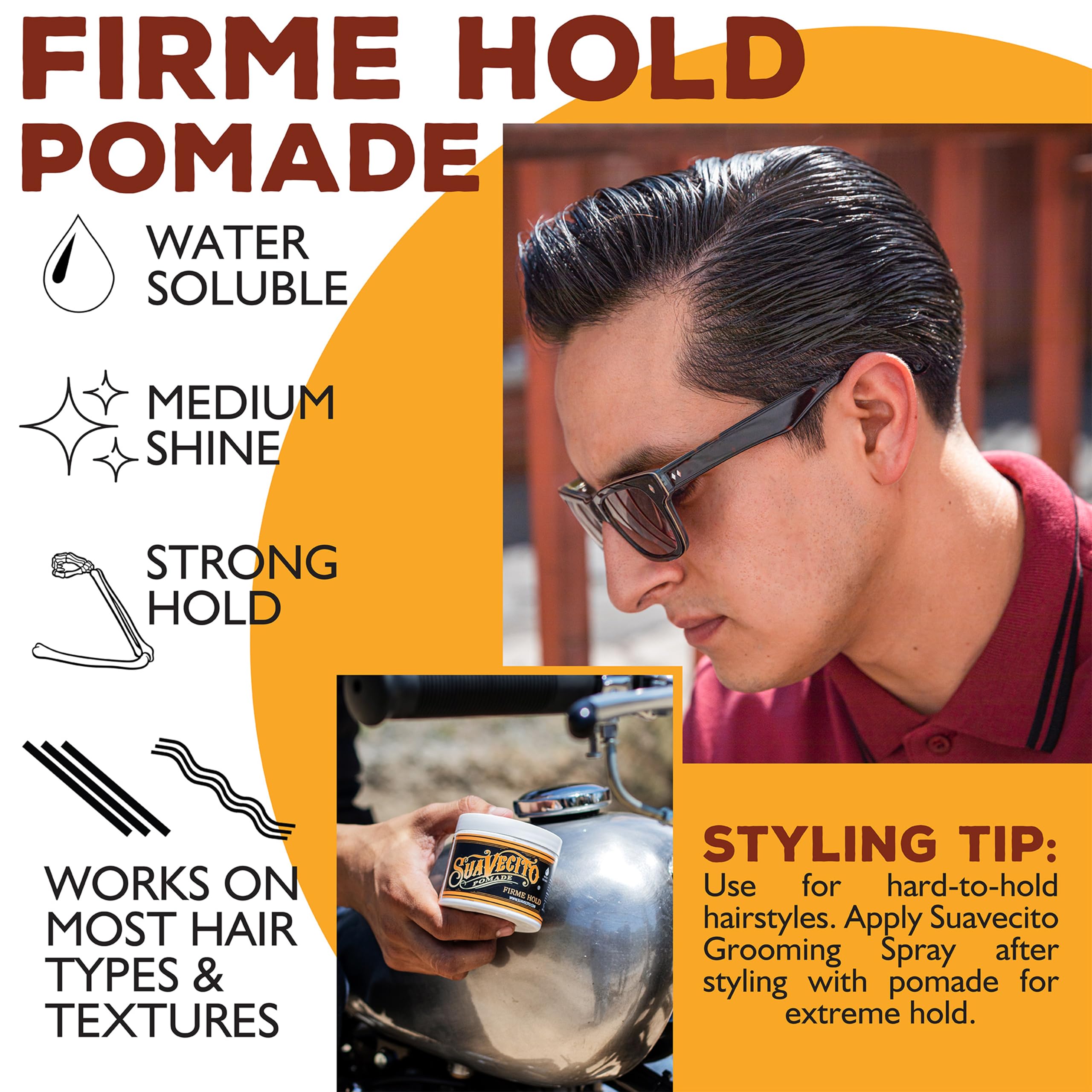 Model with slick-back hair styled using Suavecito Pomade, shows strong hold benefit