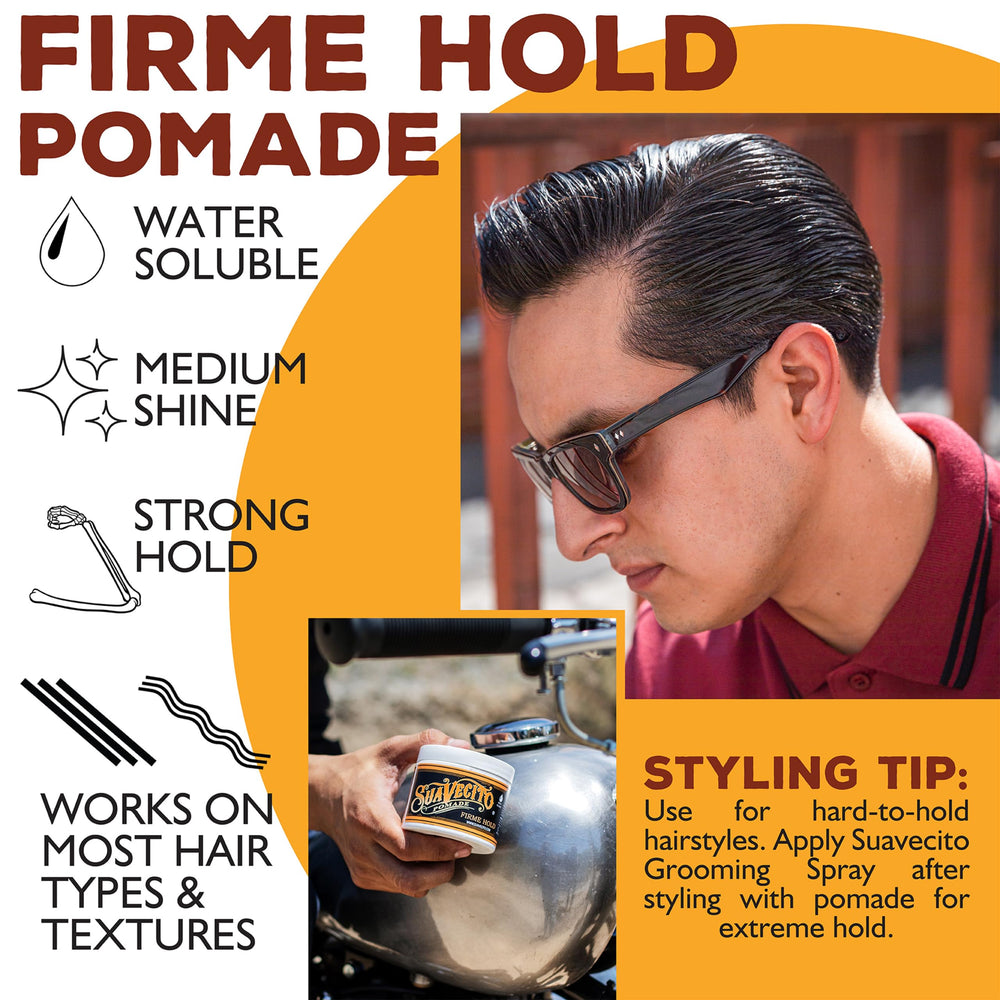 Model with slick-back hair styled using Suavecito Pomade, shows strong hold benefit