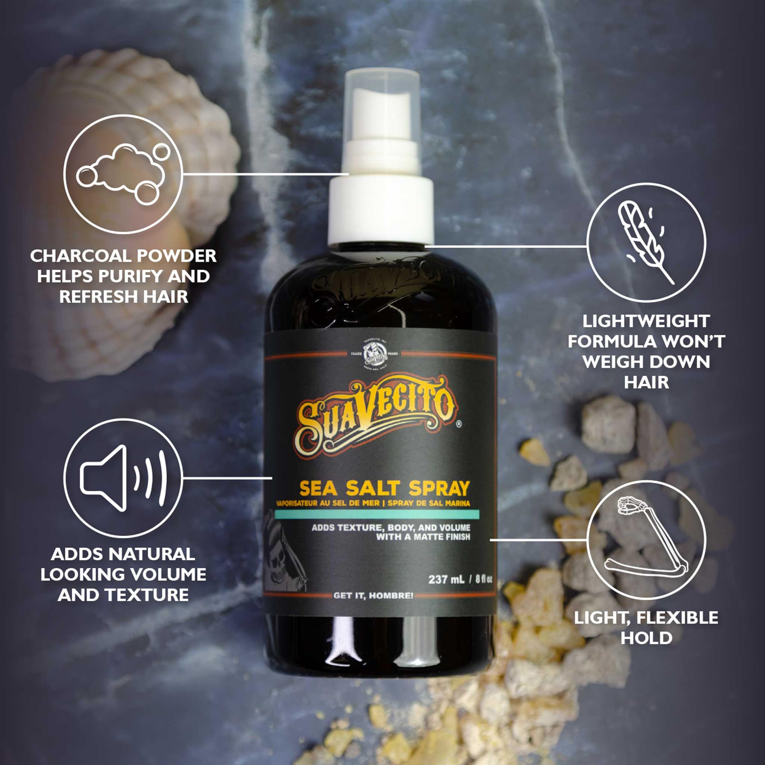 Comparación de tamaño del Suavecito Sea Salt Spray 8 oz junto a objetos cotidianos