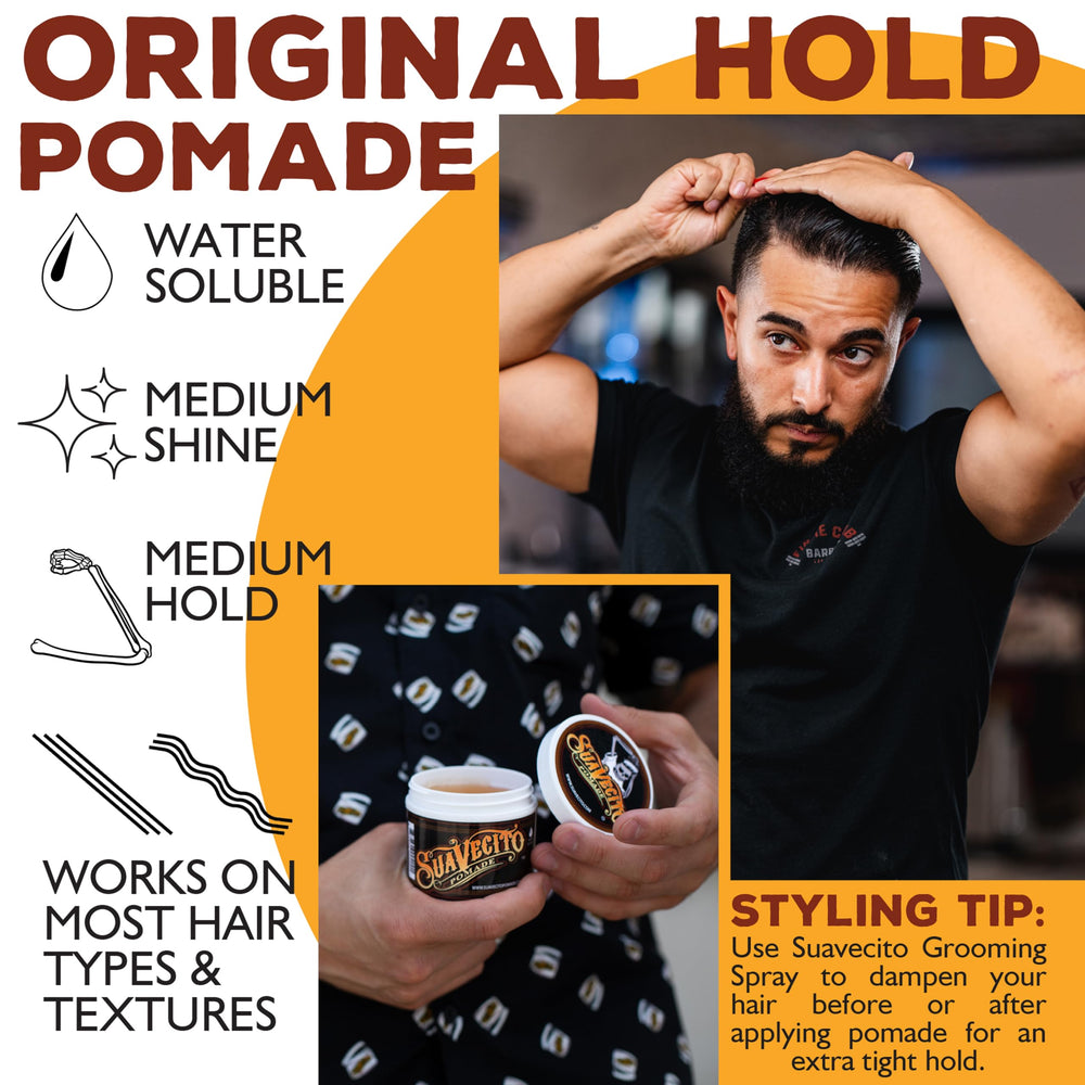 Styled pompadour using Suavecito Pomade with medium shine