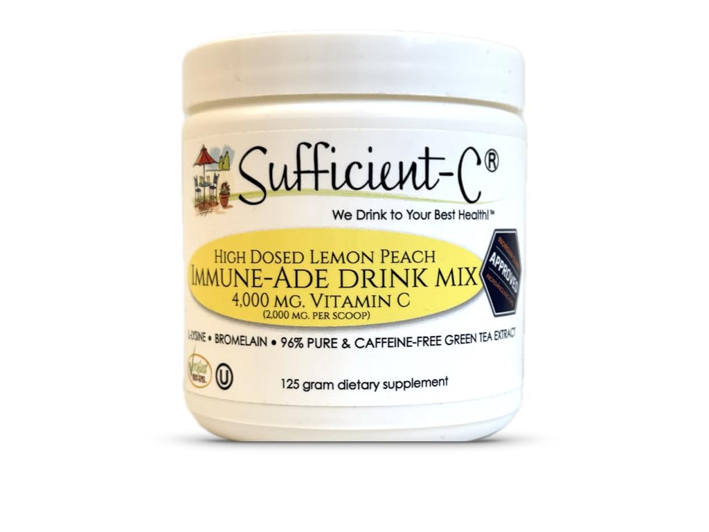 Sufficient-C frente del empaque mostrando sabor limón durazno y beneficios