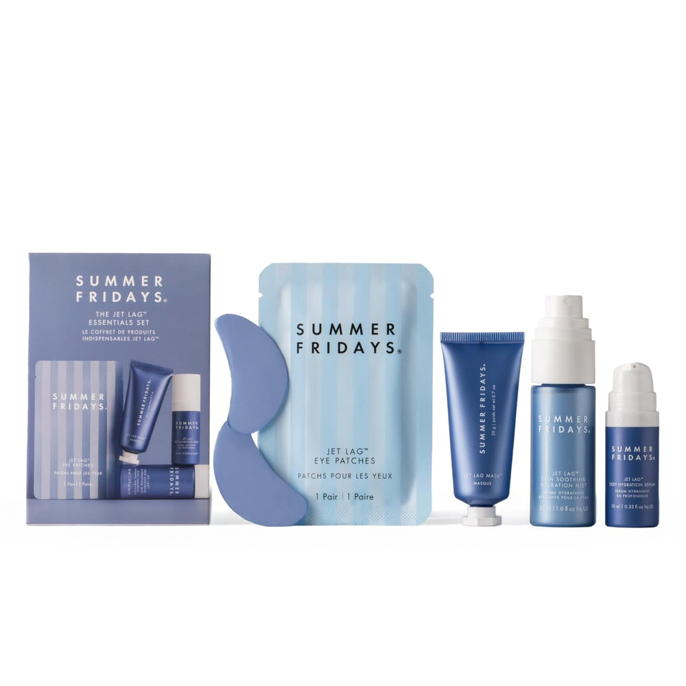 Summer Fridays front packaging of Jet Lag Essentials kit showing travel-ready convenience and hydration benefits