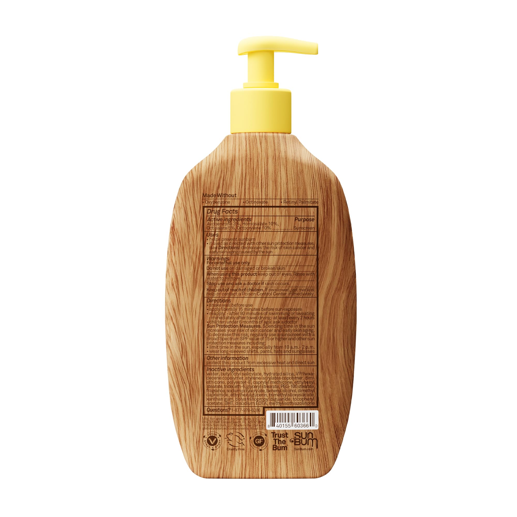 Etiqueta de Sun Bum con SPF 50 e información de ingredientes
