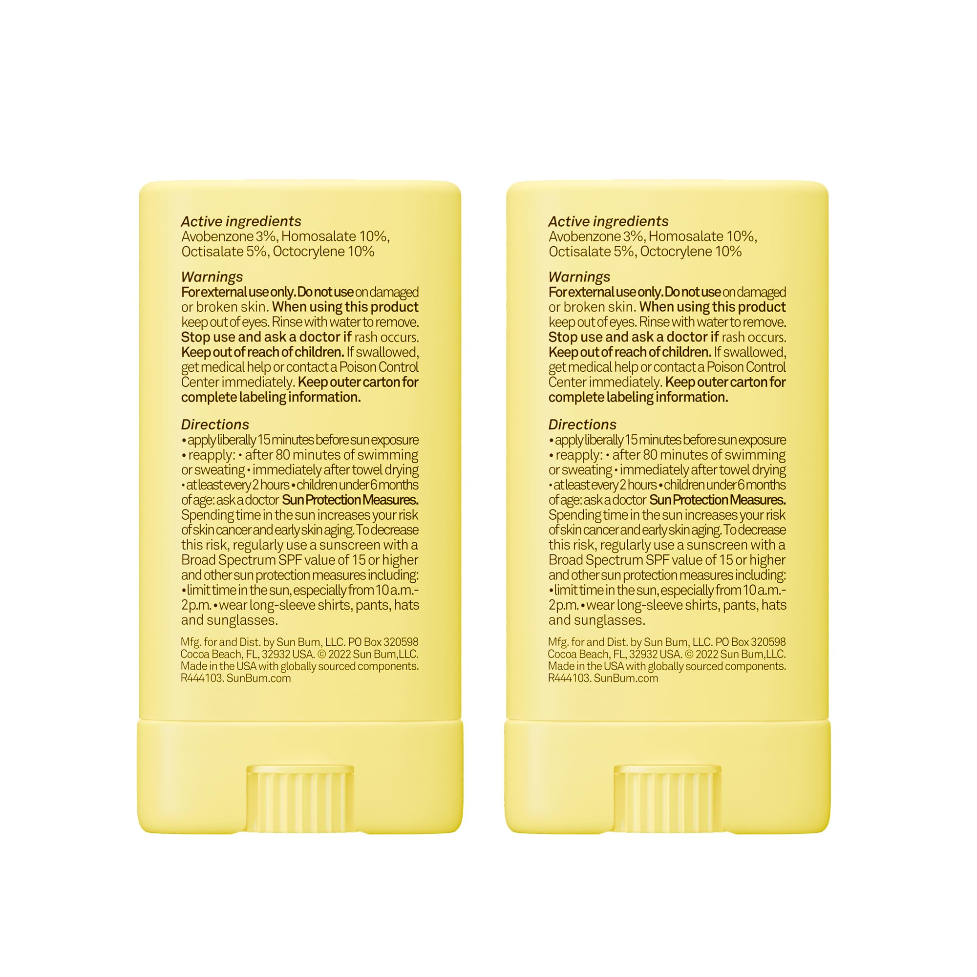 Etiqueta del stick Sun Bum mostrando ingredientes y cumplimiento Hawaii 104