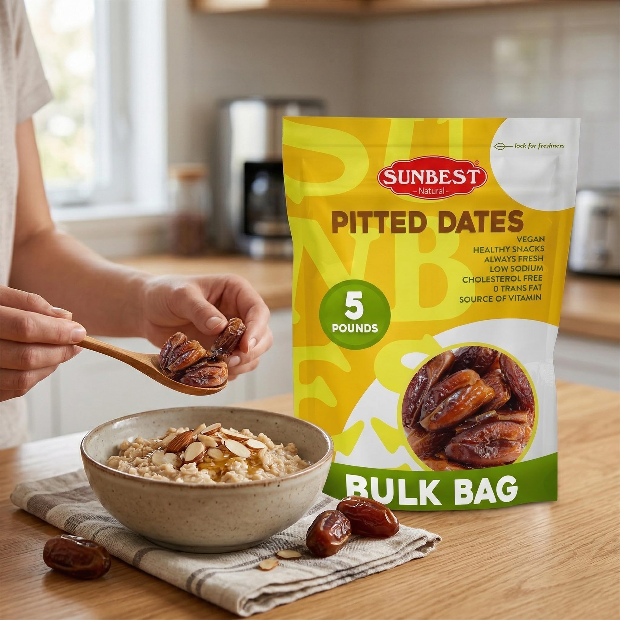Sunbest Natural date held in hand to show size and portioning convenience