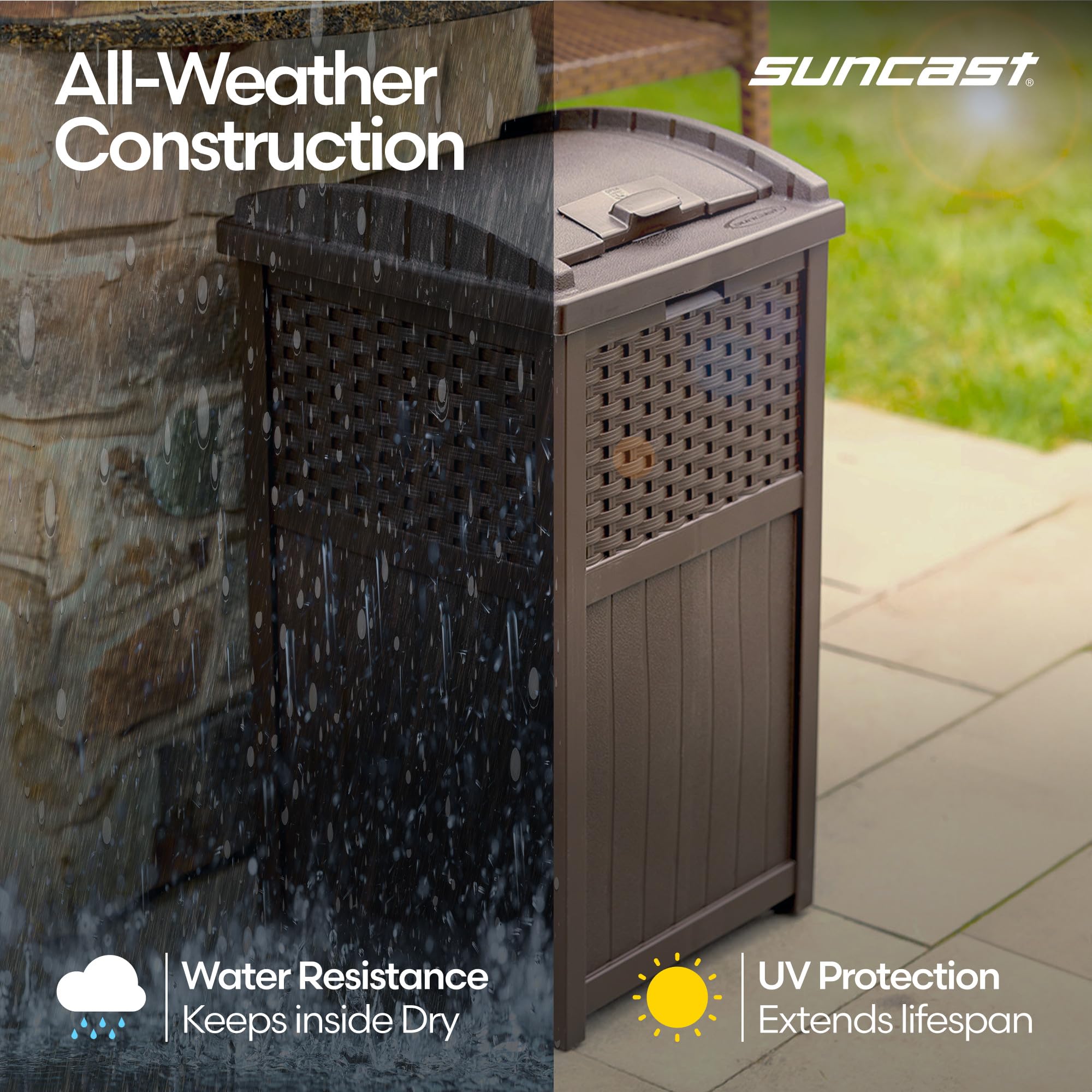 Suncast cubo situado en jardín, mantiene el entorno ordenado