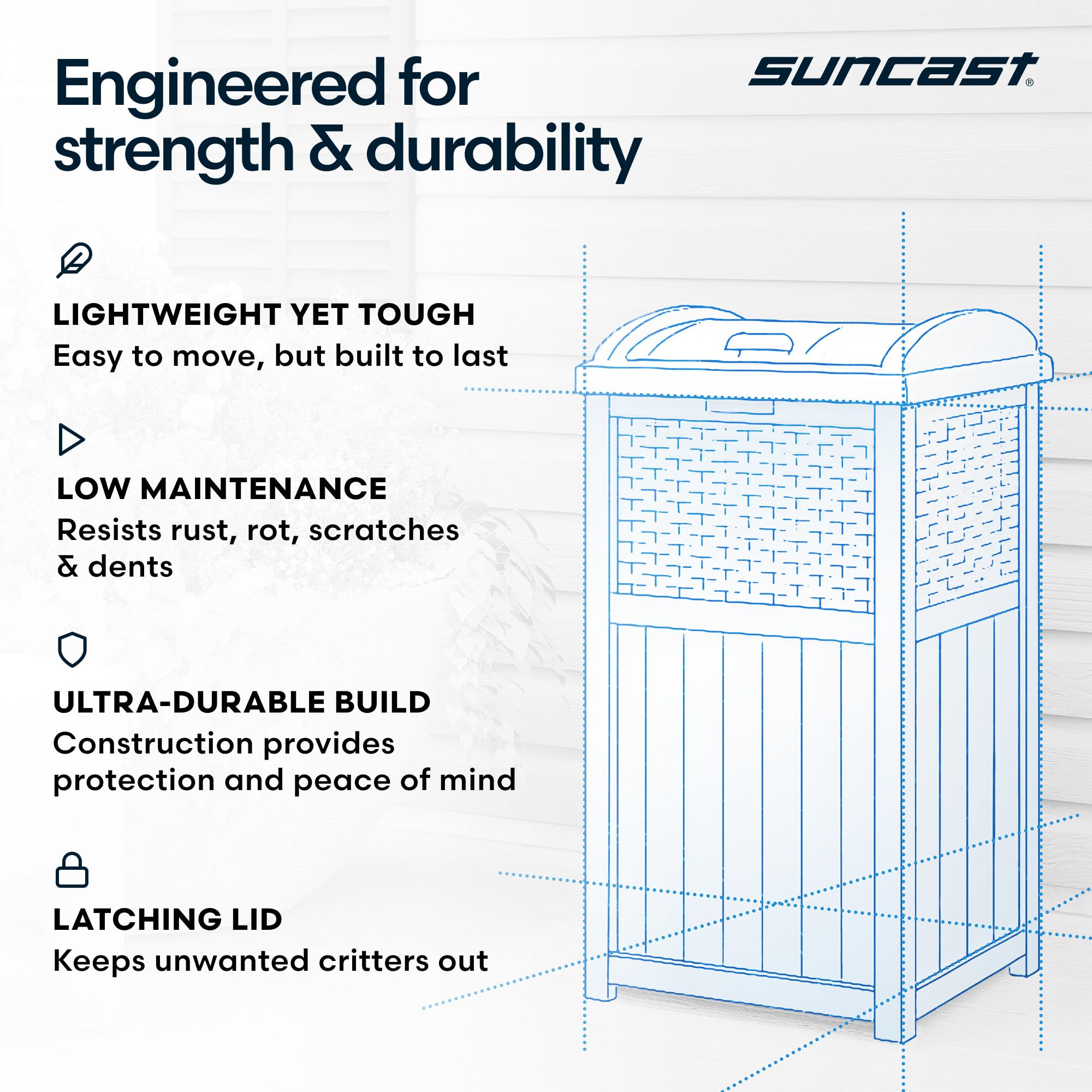 Suncast comparación de tamaño con persona, muestra huella compacta