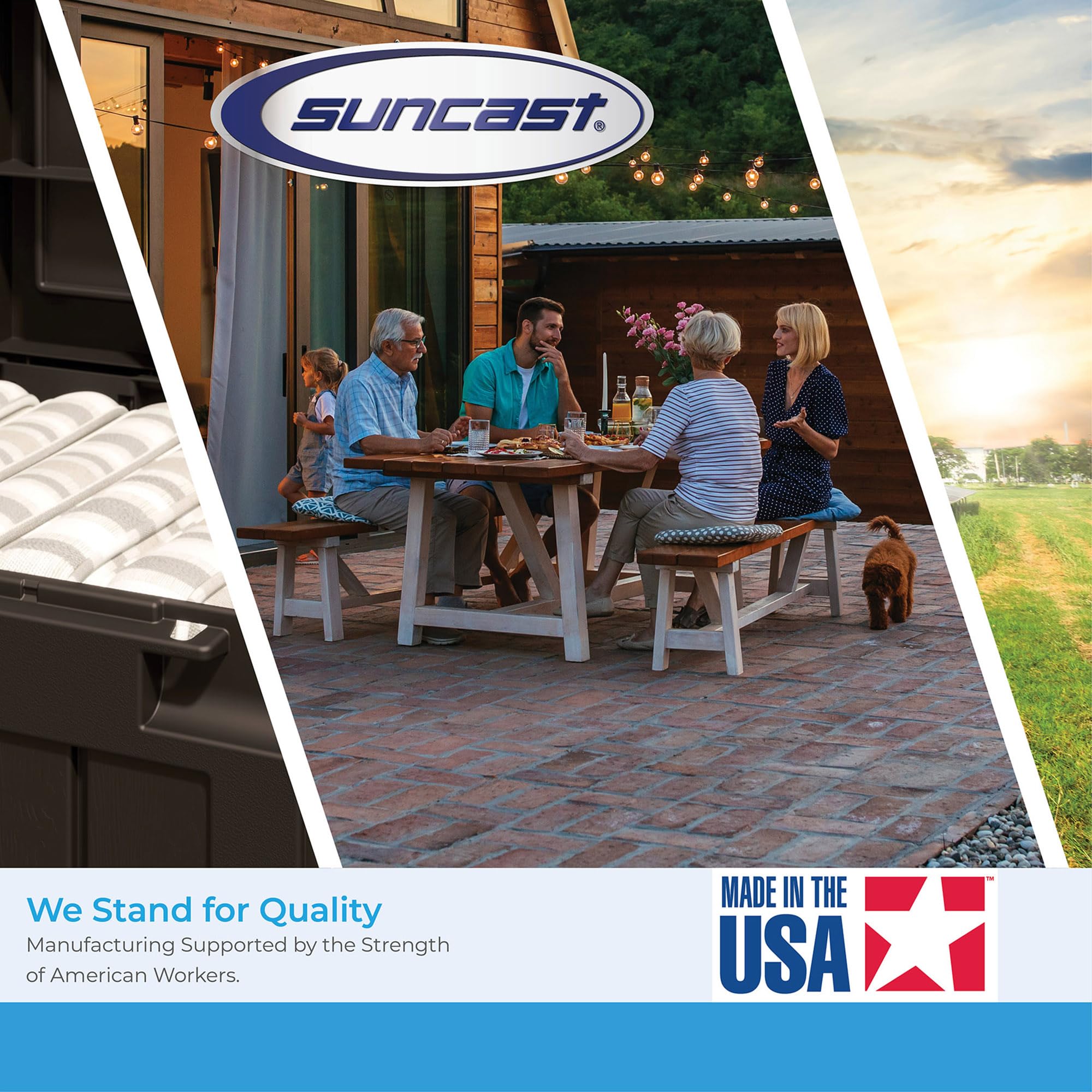 Suncast etiqueta con dimensiones y material informando especificaciones