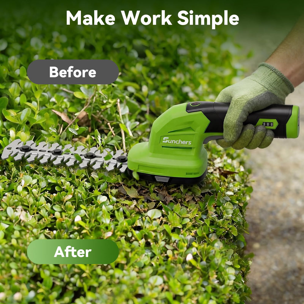 sunchers in a backyard trimming hedges demonstrating efficient cordless performance
