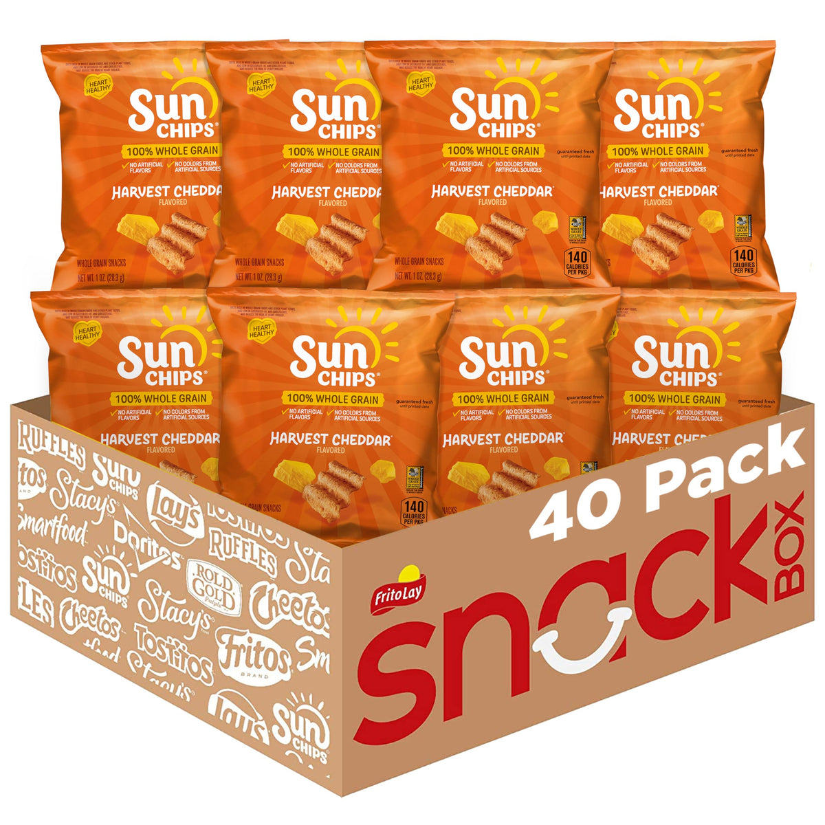 SunChips caja pack de 40 bolsas frontal mostrando cantidad y marca