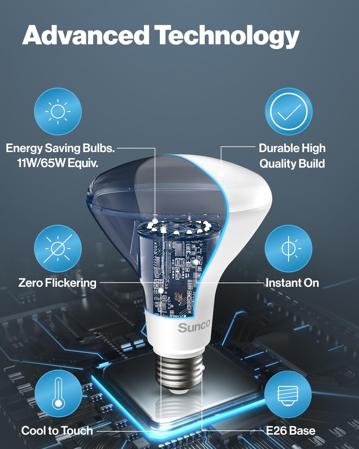 Sunco Lighting etiqueta técnica y base E26 mostrando compatibilidad y certificación UL