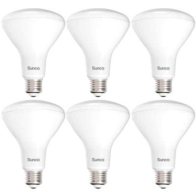 Sunco BR30 six-pack front view showing bulbs and packaging benefit energy savings