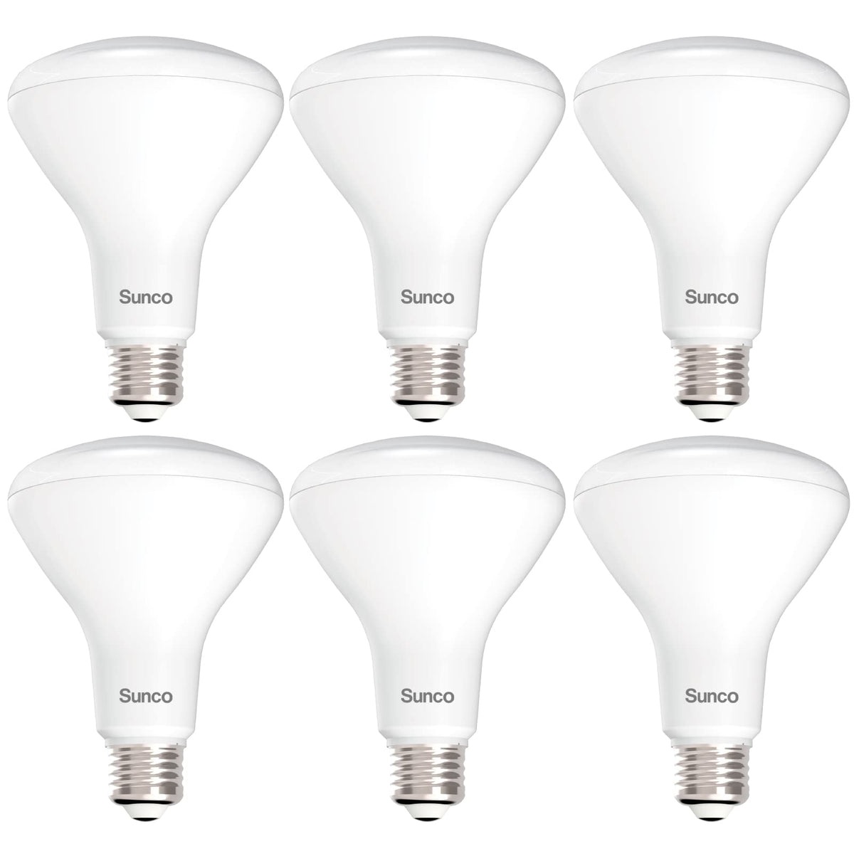 Sunco BR30 six-pack front view showing bulbs and packaging benefit energy savings