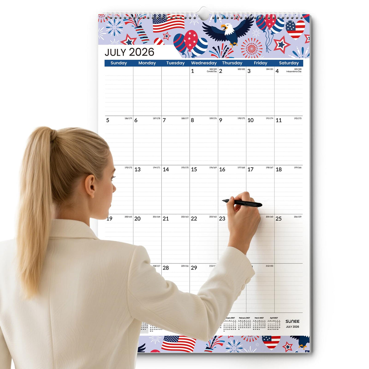 SUNEE calendario de pared frontal mostrando mes completo y diseño claro