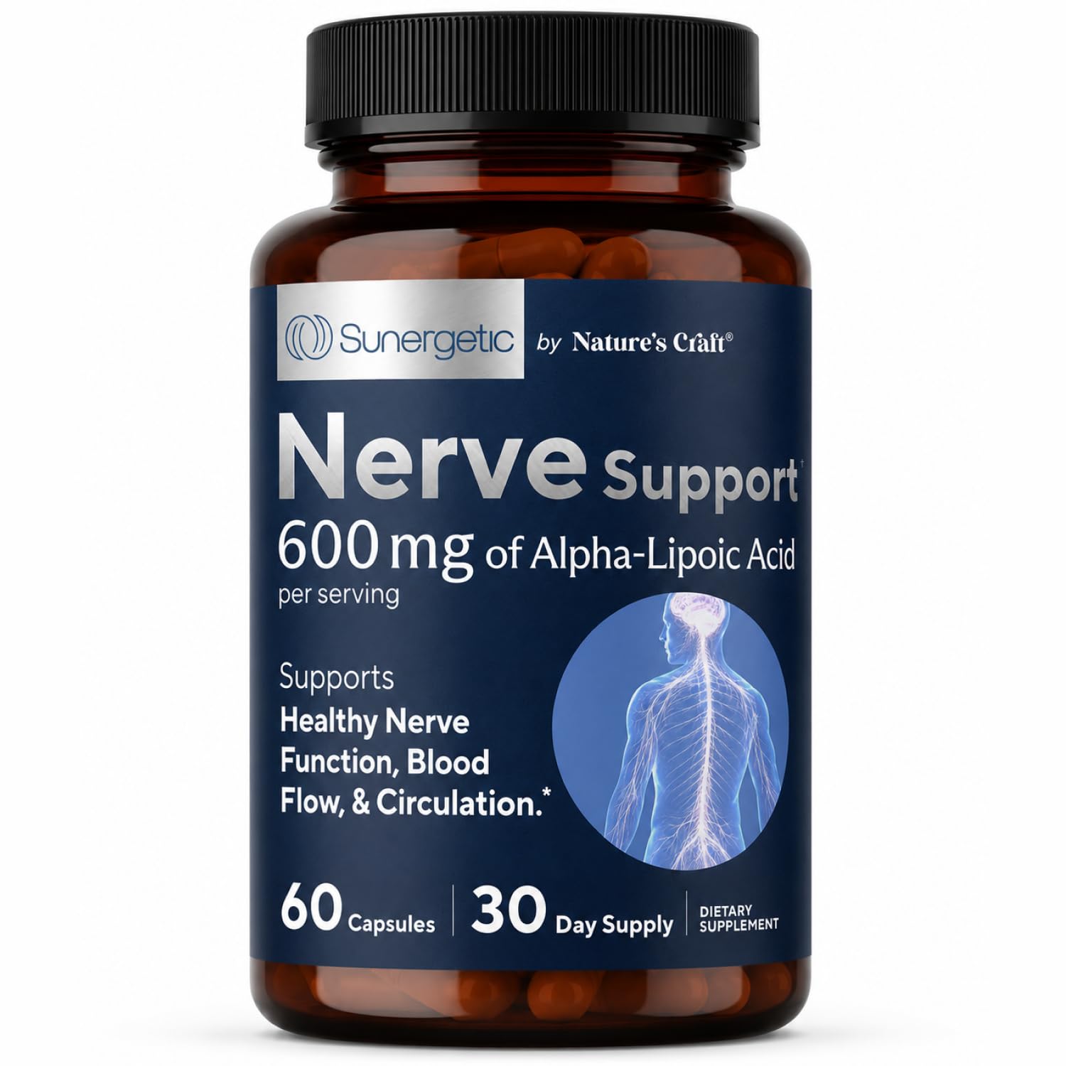 Sunergetic envase frontal mostrando 60 cápsulas y beneficios clave
