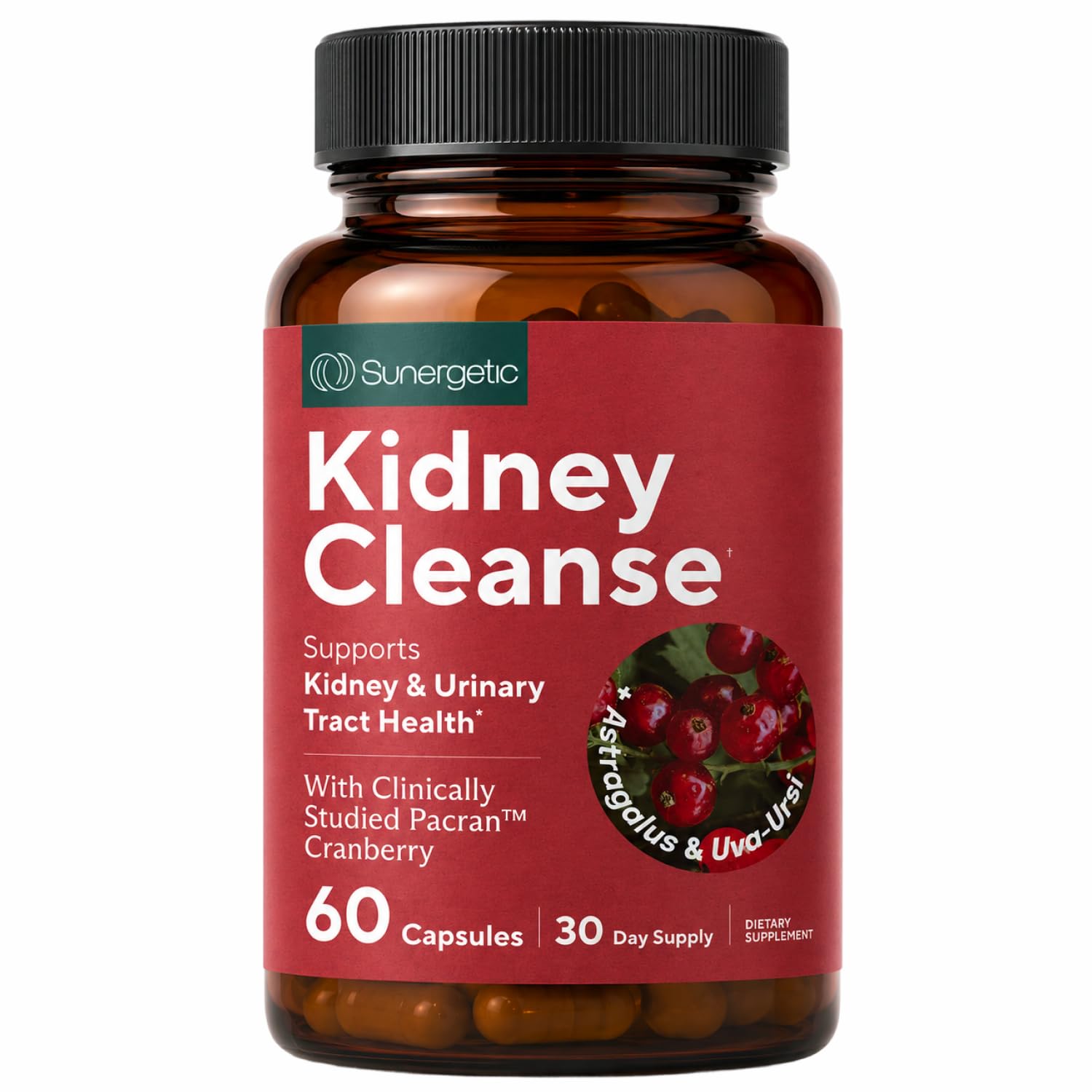 Envase Sunergetic Kidney Cleanse en frontal mostrando cápsulas y marca, facilita identificación