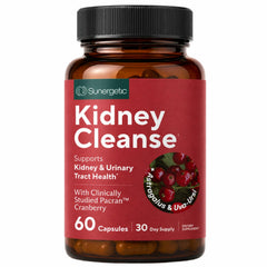Envase Sunergetic Kidney Cleanse en frontal mostrando cápsulas y marca, facilita identificación