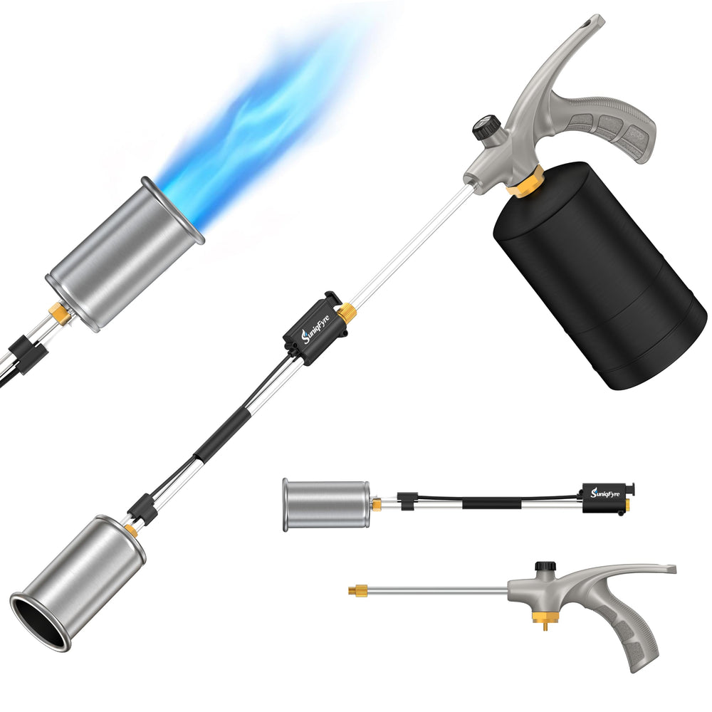SuniqFyre torch front view showing full 30-inch shaft for safer reach