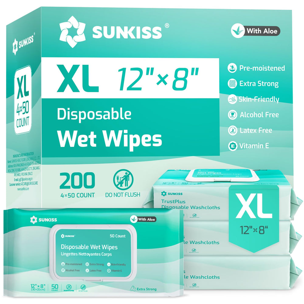 SUNKISS pack frontal mostrando 200 toallitas y tapa resealable para conservación