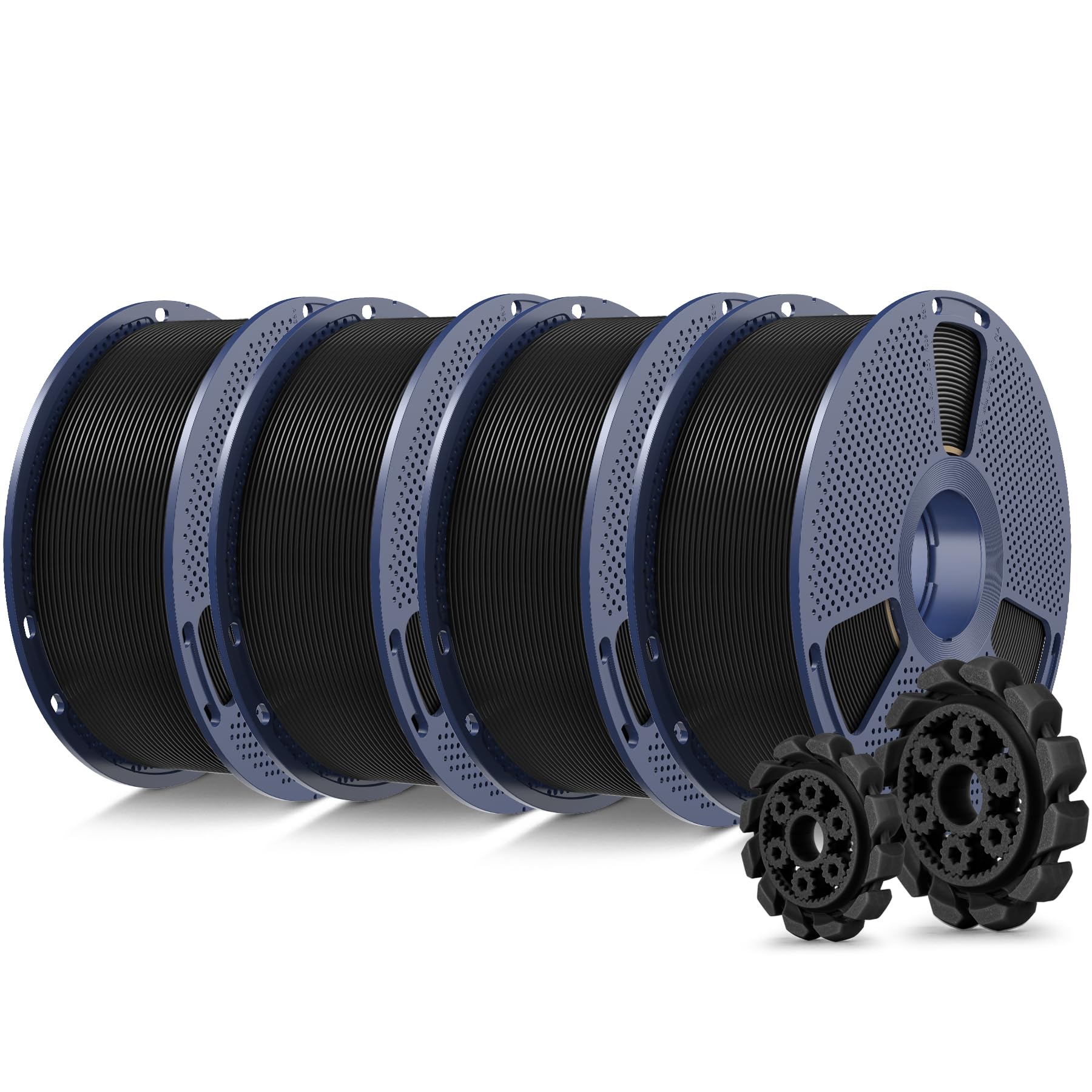 SUNLU front packaging showing 4-pack black spools and product labeling benefit durability