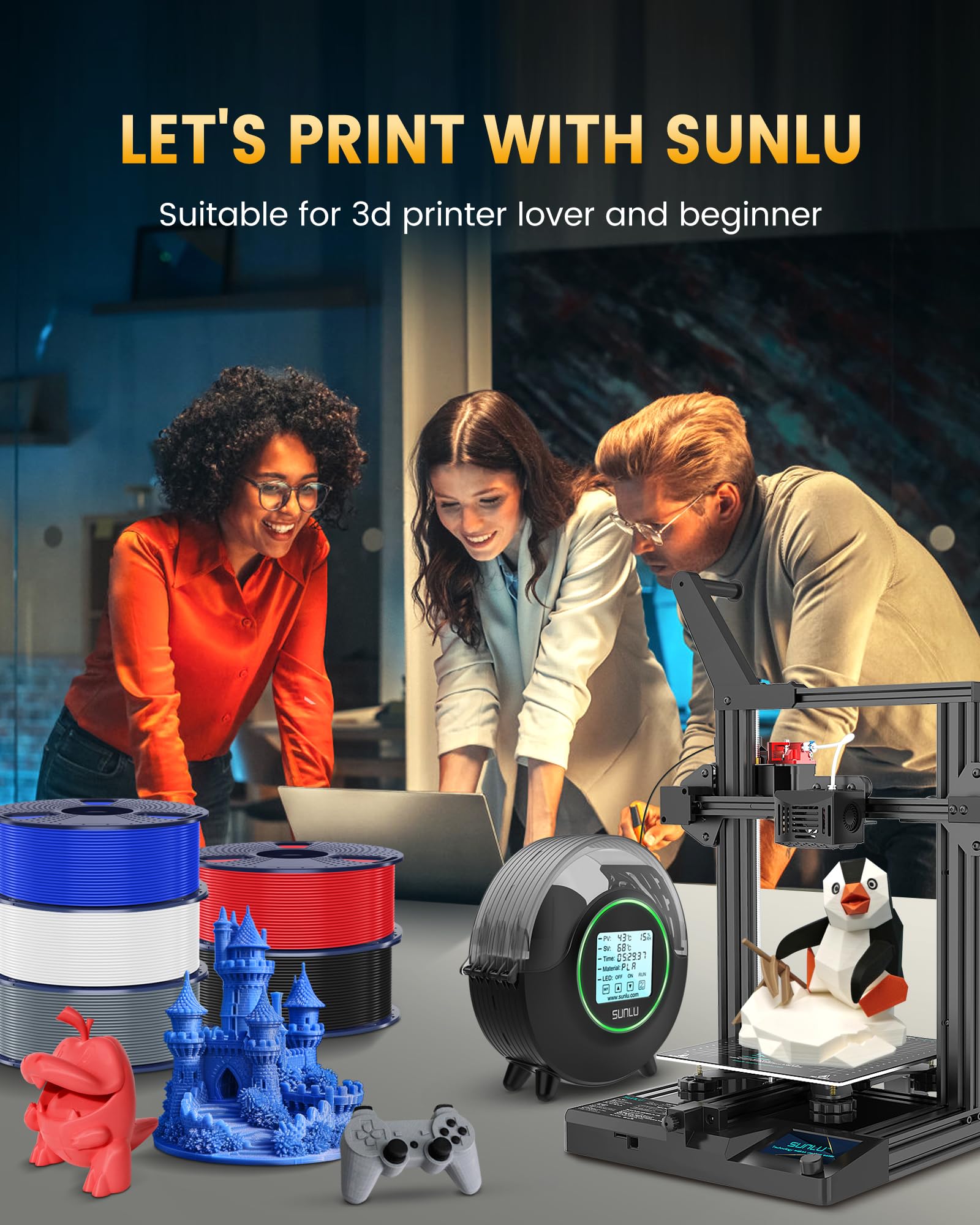SUNLU filament on a workshop bench showing ready-to-print setup for makers