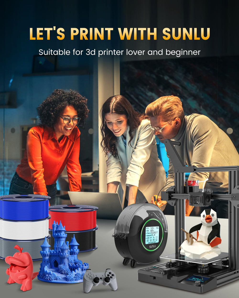 SUNLU filament on a workshop bench showing ready-to-print setup for makers