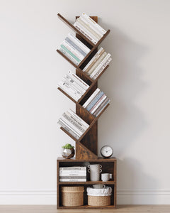 SUNMORY tree bookshelf front view showing tall narrow storage and decorative silhouette