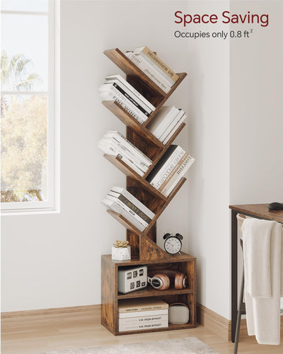 SUNMORY tree bookshelf side profile demonstrating slim depth and space-saving benefit
