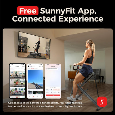 Sunny Health & Fitness manillar y asiento ajustables demostrando ajuste personalizado