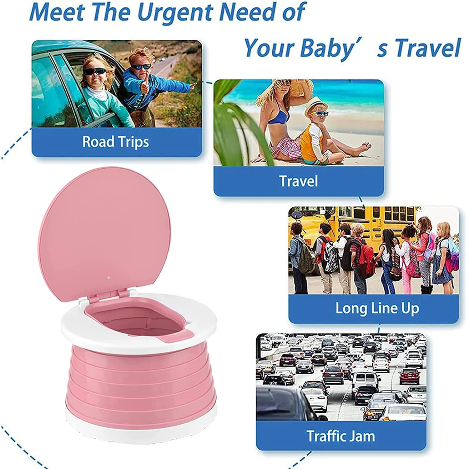 SunnySmile potty clipped to stroller showing easy access on outings