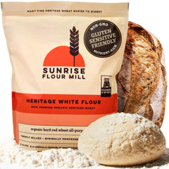 Sunrise Flour Mill paquete delantero mostrando envase y certificación orgánica