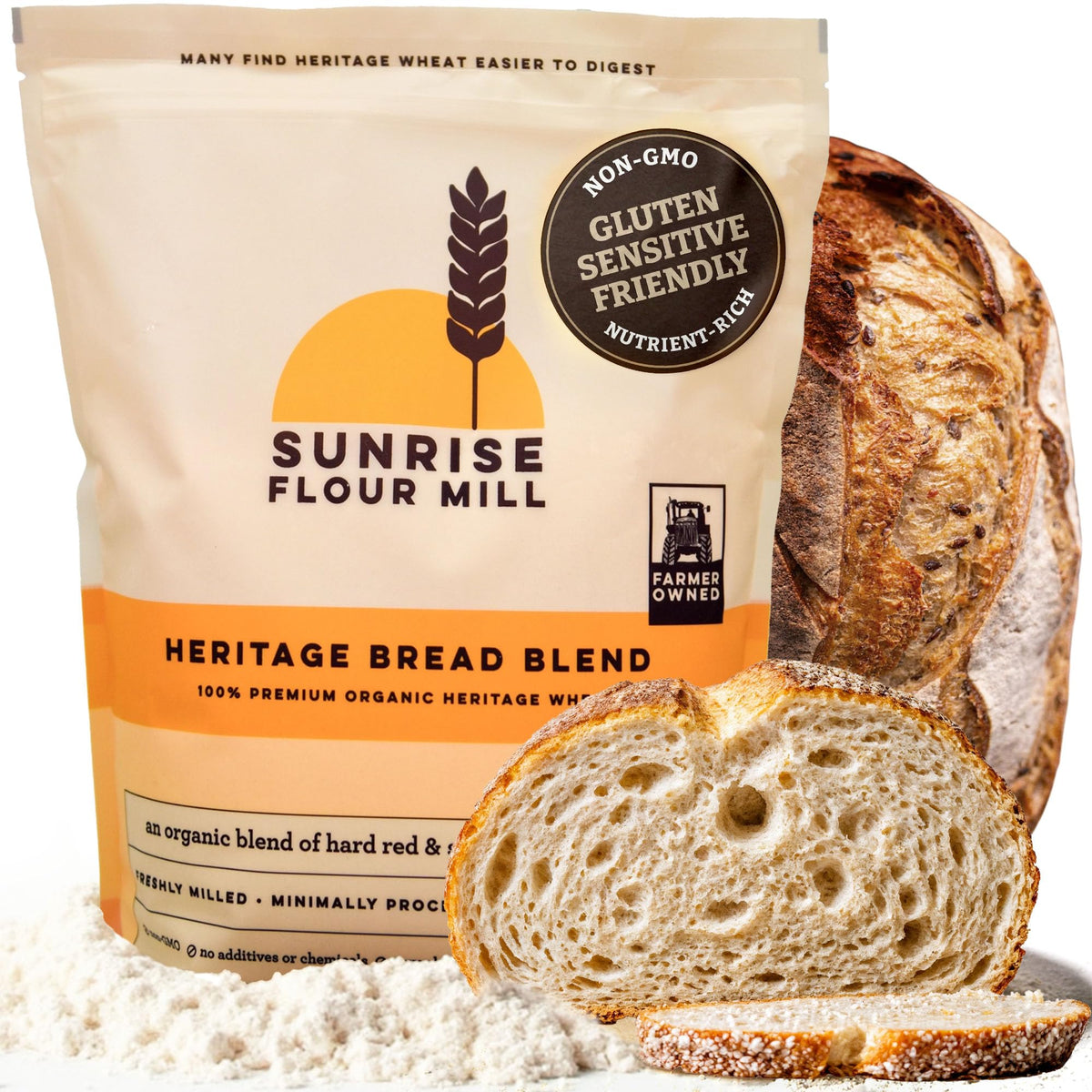 Sunrise Flour Mill paquete frontal mostrando marca y peso, presentación clara