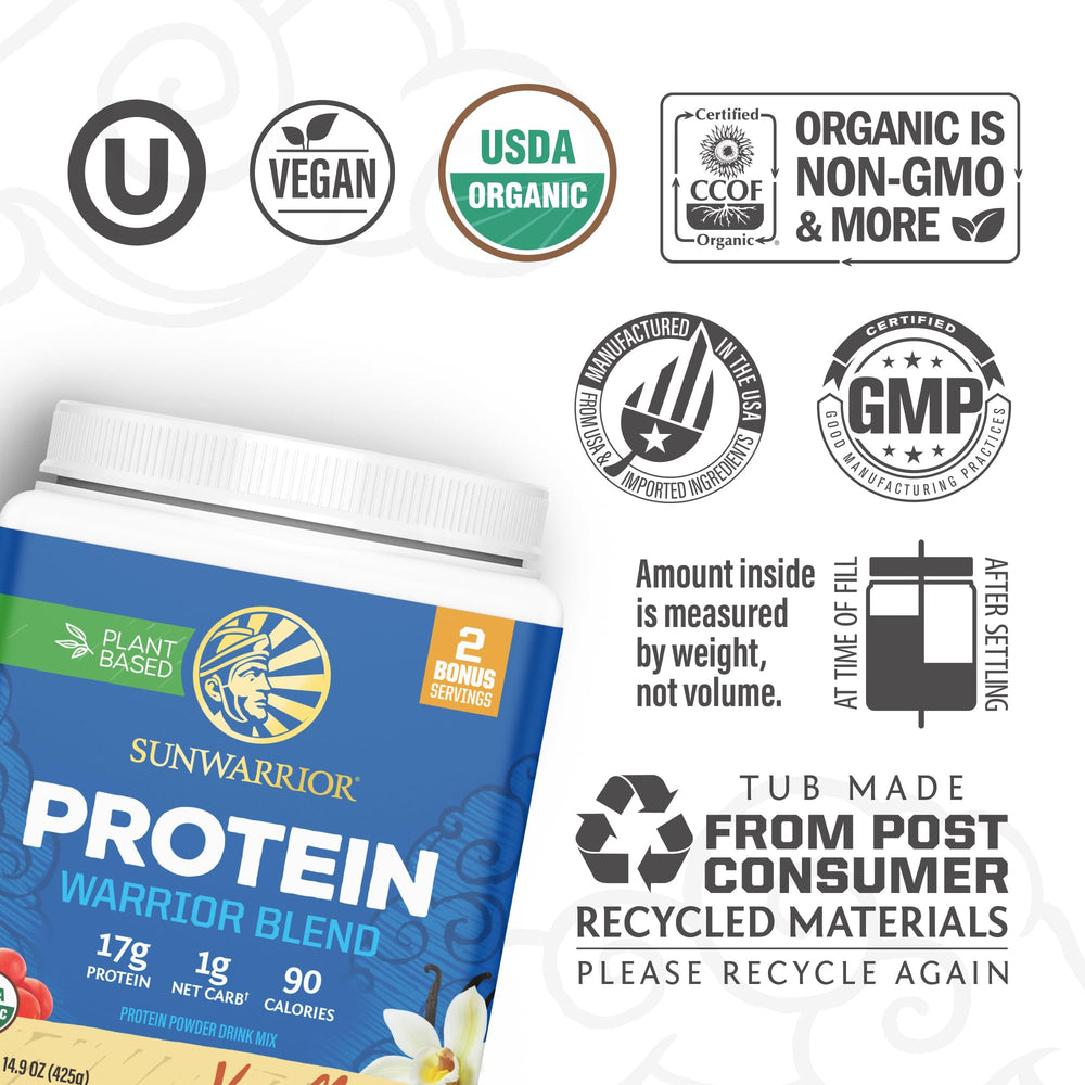 Sunwarrior etiqueta con lista de ingredientes orgánicos y beneficios