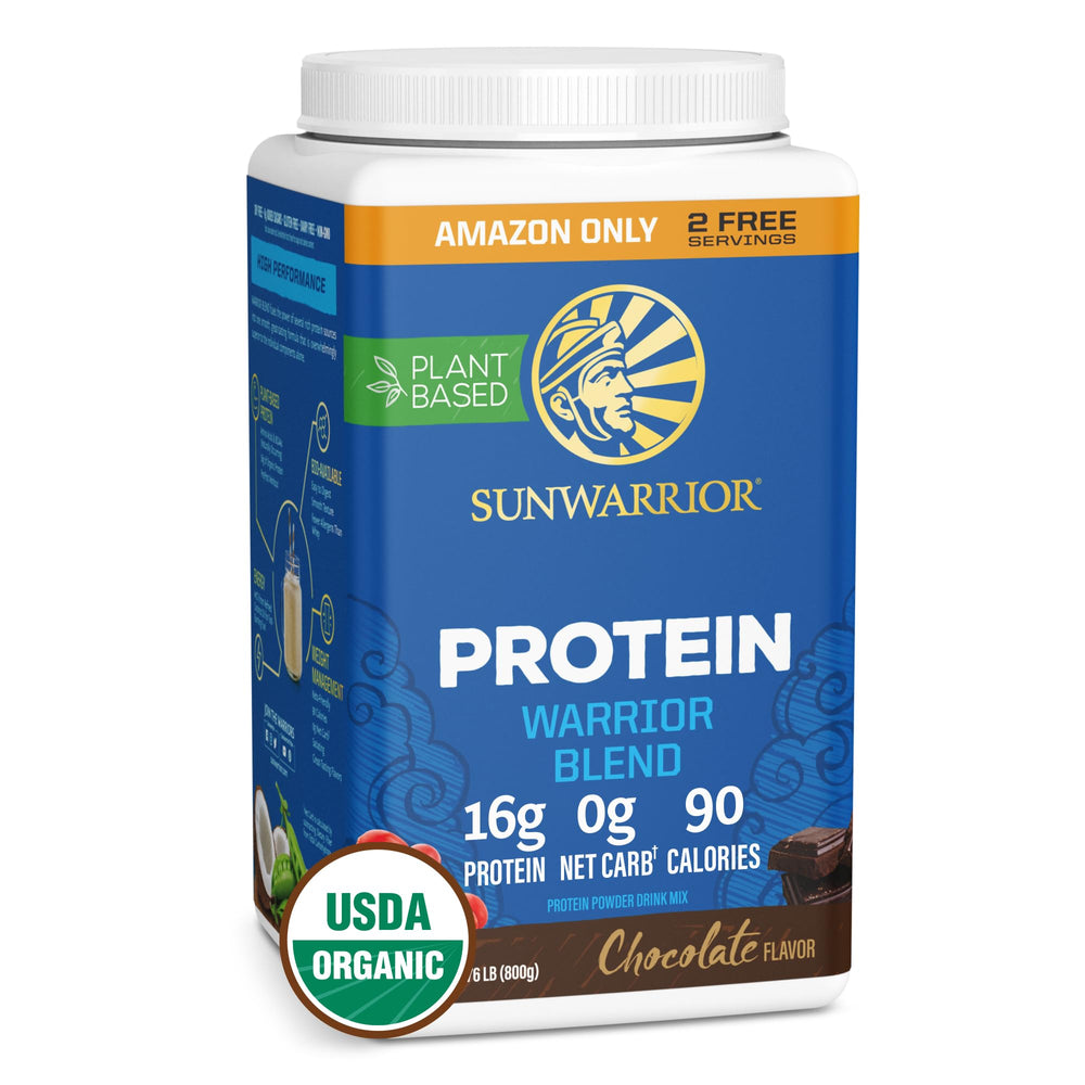 Sunwarrior frente del envase mostrando el sabor chocolate y beneficios claros