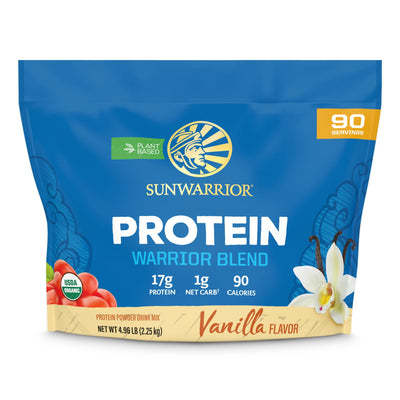 Sunwarrior front packaging showing vanilla plant protein benefits
