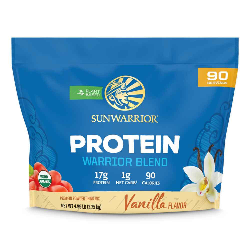 Sunwarrior front packaging showing vanilla plant protein benefits
