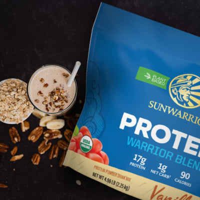 Sunwarrior protein shake beside gym gear illustrating recovery support