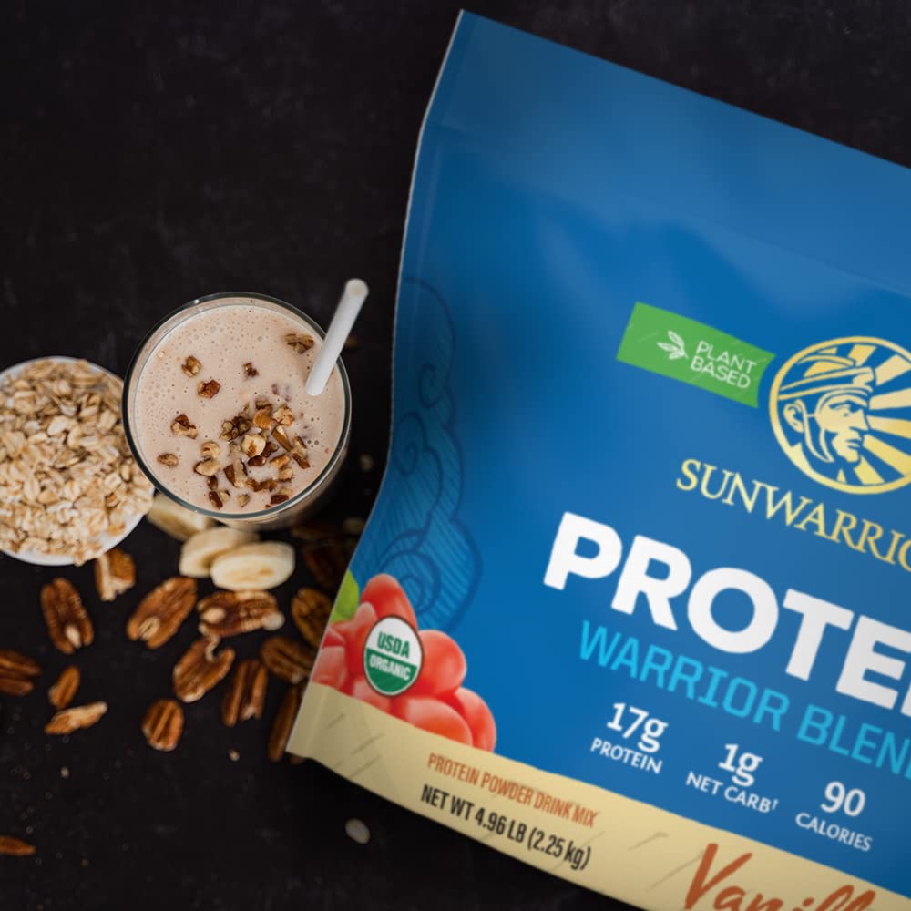 Sunwarrior protein shake beside gym gear illustrating recovery support