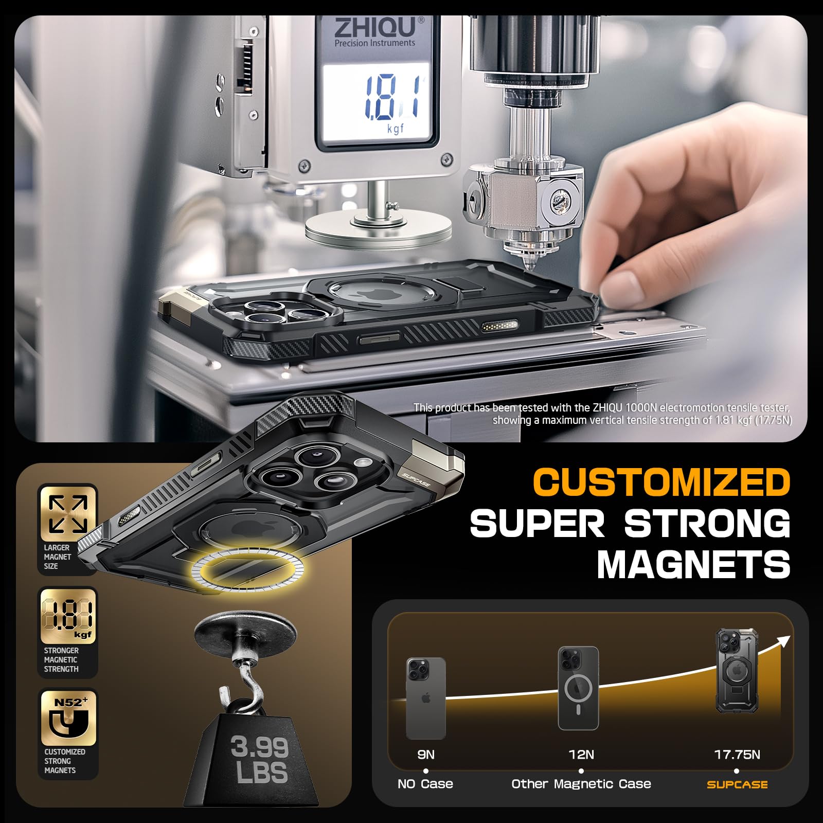 SUPCASE funda junto a iPhone 16 Pro Max para referencia de tamaño