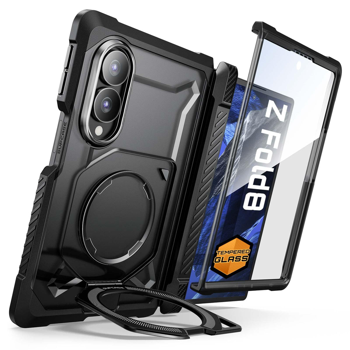 SUPCASE front packaging showing case and tempered glass, protects Fold 8