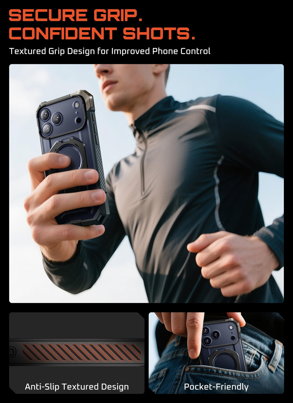 SUPCASE next to hand showing scale and snug fit on iPhone 17 Pro Max