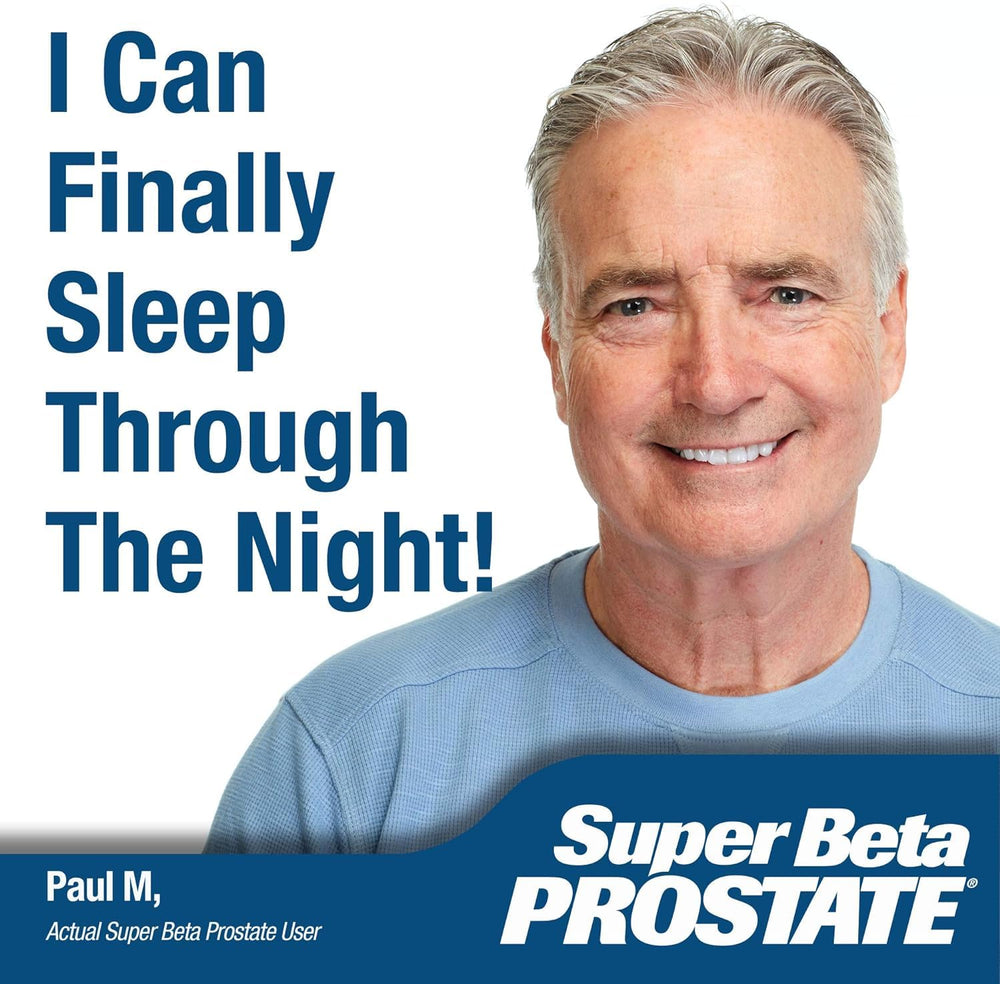 SUPER BETA PROSTATE frasco junto a mesita de noche para uso nocturno y conveniencia