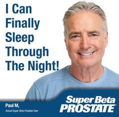 SUPER BETA PROSTATE frasco junto a mesita de noche para uso nocturno y conveniencia
